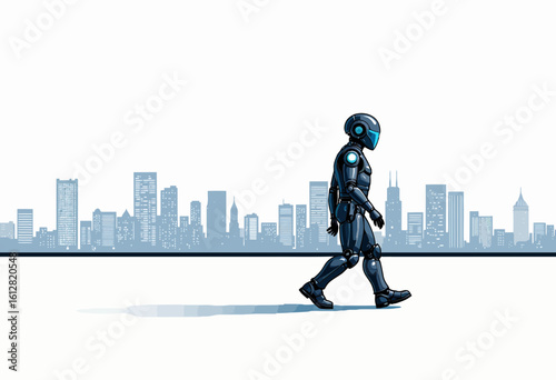 Futuristic robot walking in urban landscape with skyline in background  