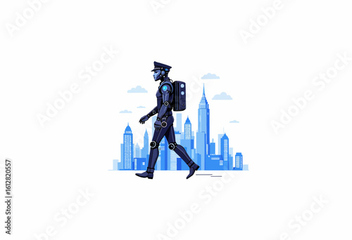 Futuristic police officer walking in city skyline with blue tones  