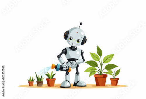 Friendly robot watering houseplants in a colorful garden setting  