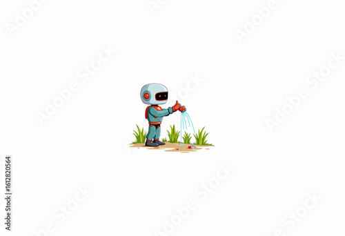 Robot watering plants in garden with green grass and soil  