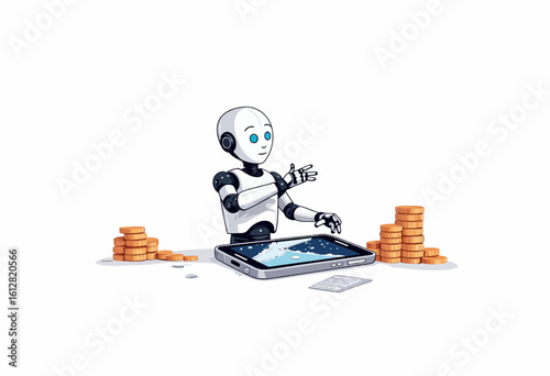 Robot managing finances on tablet with stacks of coins nearby  