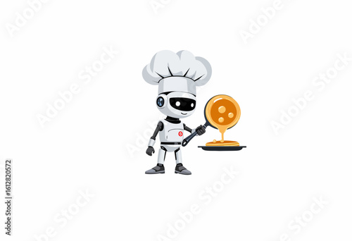Robot chef serving golden pancake on a plate with a smile  