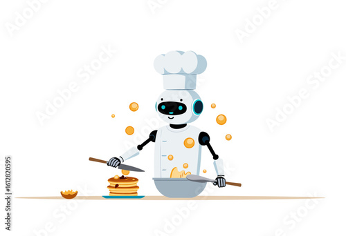 Robot chef preparing pancakes with eggs in a bright kitchen  
