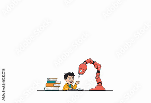 Young boy interacting with robotic arm while studying books  