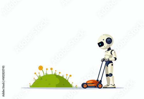 Robot mowing grass near flowers in a minimalistic style  