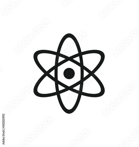 Simple black and white illustration of an atom with orbiting electrons around a central nucleus.