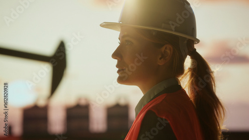 Female engineer wearing hardhat supervising work at oil field at sunset