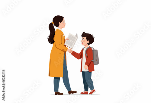 Woman handing book to young boy in colorful clothing indoors  