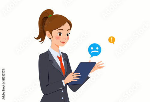 Businesswoman using tablet while expressing concern and reviewing feedback  