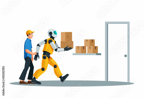 Robot delivering boxes with worker in warehouse setting  
