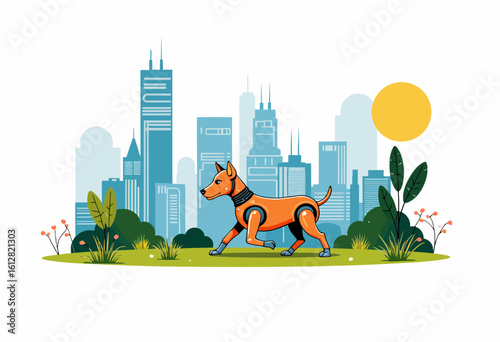 Dog walking in city park with skyline and sun in background  