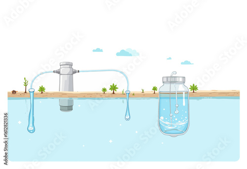 Water tap dispensing water into jar with natural landscape background  