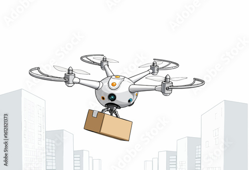 Drone delivering package above city buildings in urban environment  