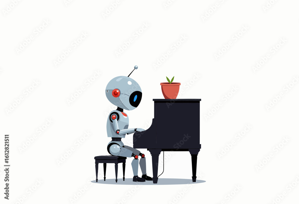 Fototapeta premium Robot playing piano with a plant on top in minimalist style 