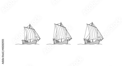 Three sailing ships in black and white hand-drawn sketch style