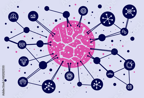 Abstract illustration of interconnected nodes and symbols in network  