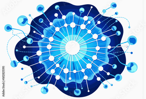Abstract blue molecular structure with interconnected nodes and lines  