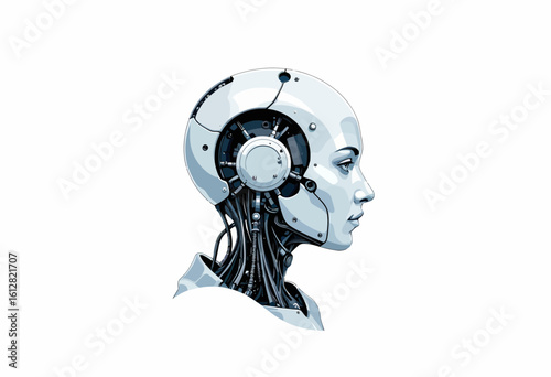 Robotic head with mechanical features in futuristic design  