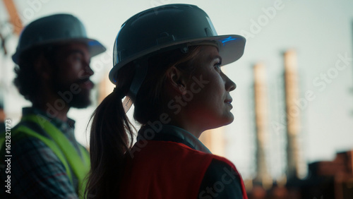 Картината върху платно Female engineer overseeing a construction site with male colleague