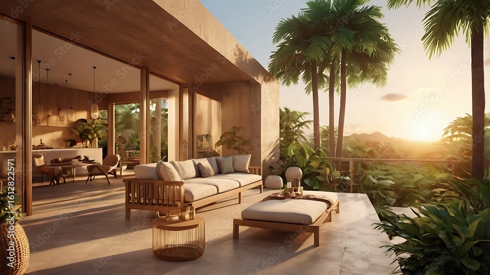 Fototapeta premium Golden hour tropical terrace, soft light, modern architecture, 3D rendering