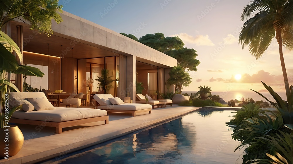 Fototapeta premium Golden hour tropical terrace, soft light, modern architecture, 3D rendering