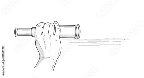  Hand holding spyglass sketch in vintage black and white style