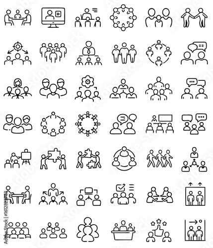 Group of people icons representing business, teamwork, meetings, and performance in a modern style