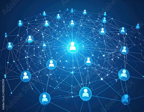 Connected People Network Glowing Nodes and Lines on Blue Background.