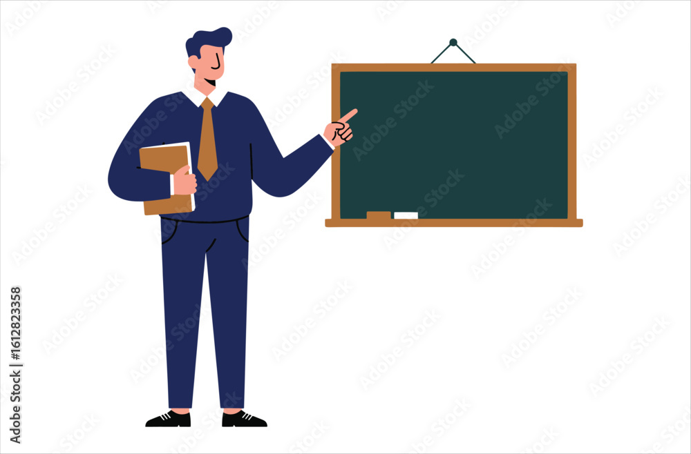 Confident male presenter points to chalkboard, holding documents, ready to teach Confident male presenter points to chalkboard, holding documents, ready to teach