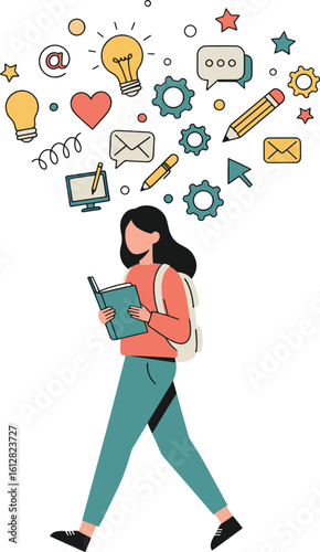 reative student with ideas and learning tools walking confidently