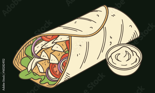 Delicious grilled chicken tortilla wrap with fresh toppings and sour cream