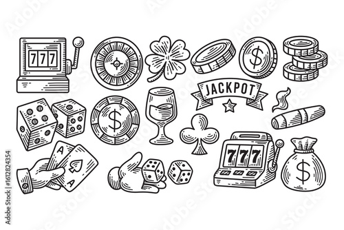 Casino icon set in vintage engraving style. Gambling elements hand drawn etching. Betting poker retro icons. Roulette, Slot machine, Chips, Money, Cigar, Scope, Cards, Dice, Clover, Coin, Whiskey.