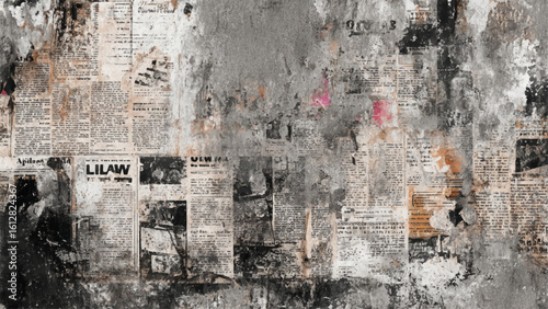 Vintage newspaper collage texture with rough aged paper design. Grunge newspaper texture with old print and monochrome collage style. 