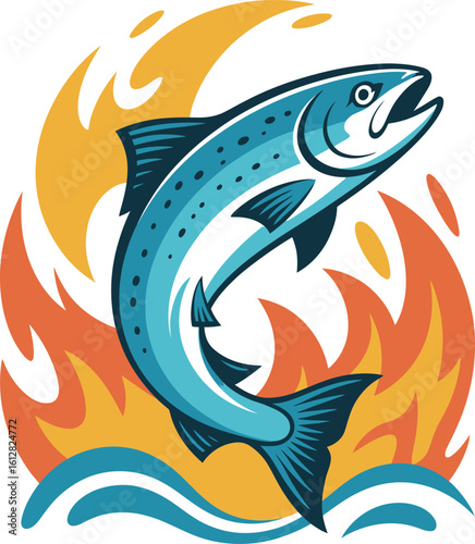 Salmon Leaping Flames Water Bold Illustration