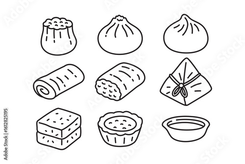 Dim sum line art icon pack. Asian food outline symbol set. Chinese dumpling and dessert minimal element design bundle. Dumplings, Spring rolls, Zongzi, Tofu, Egg tart. Vector Illustration