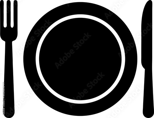Minimal Black Plate with Fork and Knife on White Background