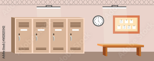 School locker illustration. Notice board. Bulletin board. School chair. School hall.