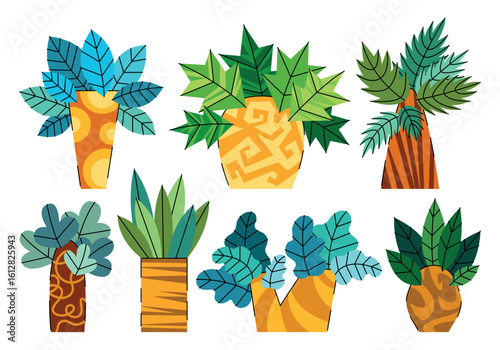 Wallpaper Mural Vector collection of vibrant cartoon palm trees and exotic tropical plants. For summer graphics, children’s projects, games, jungle scenes, digital prints, web design, clipart, and decoration themes.  Torontodigital.ca