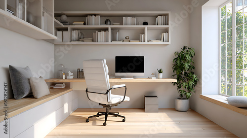A minimalist home office with a desk, chair, and builtin shelving