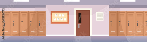 School locker in front of classroom. Bulletin board school. campus classroom. Classroom door. Locker set. Doorway. Student locker.