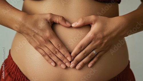 Wallpaper Mural Pregnant woman with dark skin making heart shape with hands on bare belly, maternity love and care concept, prenatal health awareness, natural warm lighting, close-up focus, intimate background Torontodigital.ca
