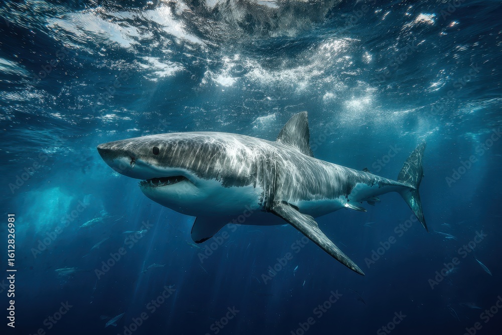 Fototapeta premium Underwater view of a great white shark gracefully swimming in the clear waters near Guadalupe Island showcasing its powerful presence in marine life