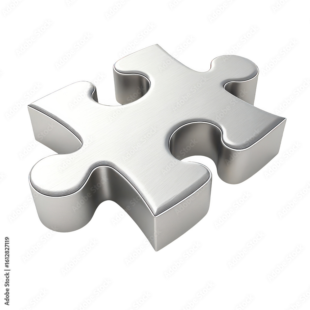 Obraz premium A single silver metallic puzzle piece with a subtle sparkle effect isolated on a transparent background representing connection and solutions isolated on transparent background