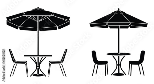 Black and white illustration of outdoor cafe tables and chairs