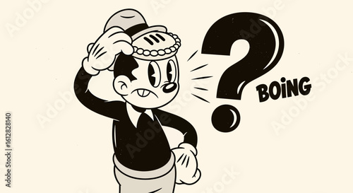 Confused cartoon character scratching head next to a big question mark and "BOING" sound effect, evoking surprise or bewilderment in a retro style.