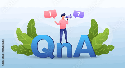 Dynamic speaker with megaphone announces important questions and answers amidst vibrant foliage, perfect for engaging business presentations and interactive sessions.