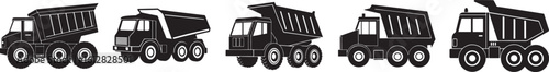 set of articulated dump truck machine silhouette, black and white silhouette, vector and illustration