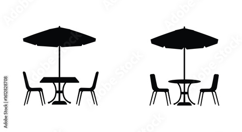 Two outdoor cafe tables with chairs and umbrellas silhouette