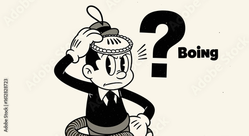 Confused cartoon character with question mark and "Boing" text, evoking uncertainty, surprise, or a sudden idea in a vintage style