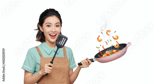 Smiling woman chef joyfully cooks shrimp stir-fry in a pink pan.